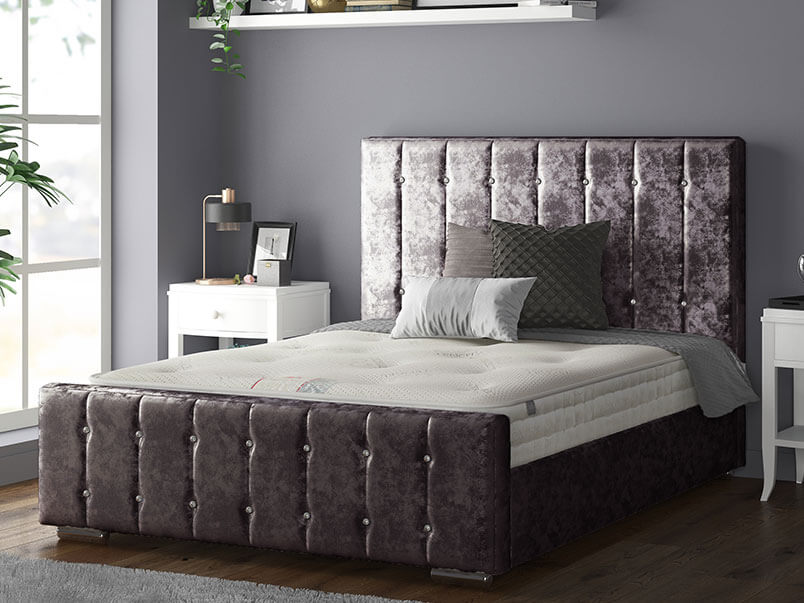 Anastasia Striped Bed Frame With Diamonds in Crushed Velvet Purple