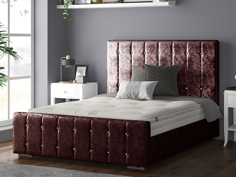 Anastasia Striped Bed Frame With Diamonds in Crushed Velvet Mulberry