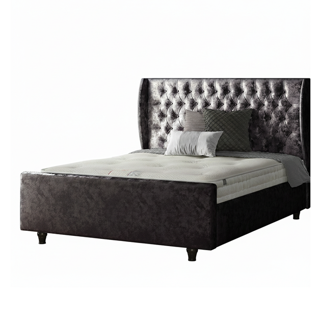 Aurora Chesterfield Wing Bed with Matching Buttons and Wooden Feet in Crushed Velvet Fabric