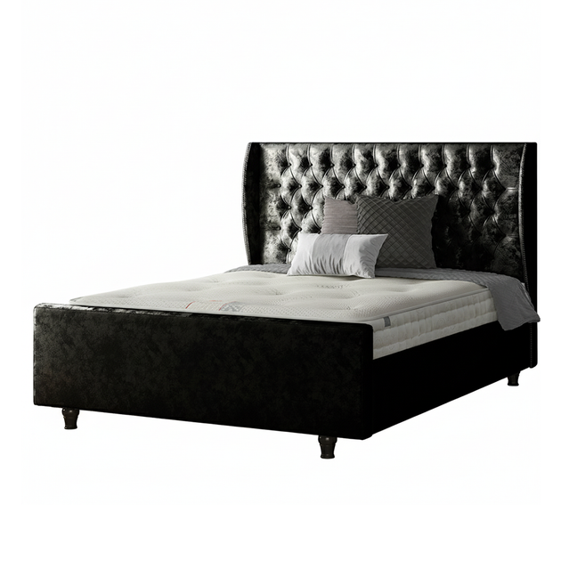 Aurora Chesterfield Wing Bed with Matching Buttons and Wooden Feet in Crushed Velvet Fabric