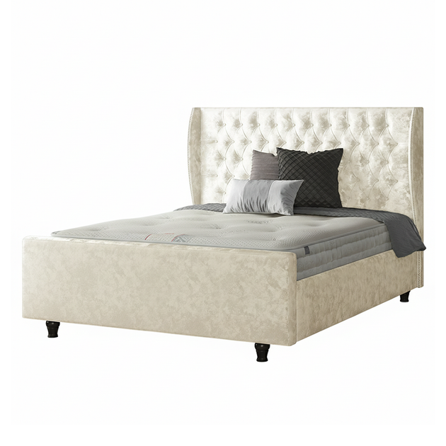 Aurora Chesterfield Wing Bed with Matching Buttons and Wooden Feet in Crushed Velvet Fabric