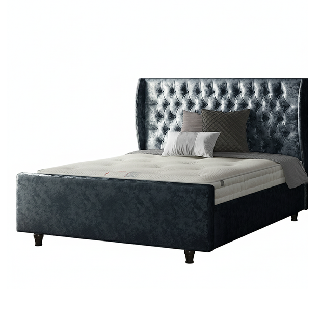 Aurora Chesterfield Wing Bed with Matching Buttons and Wooden Feet in Crushed Velvet Fabric