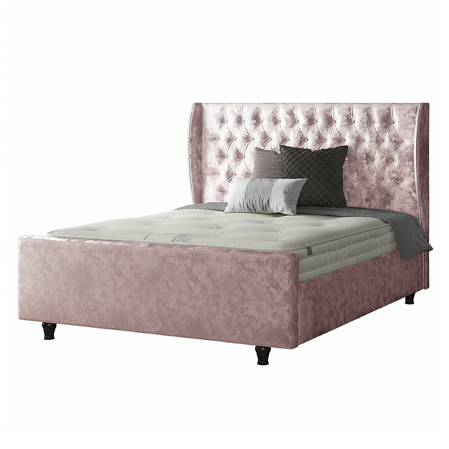 Aurora Chesterfield Wing Bed with Matching Buttons and Wooden Feet in Crushed Velvet Fabric