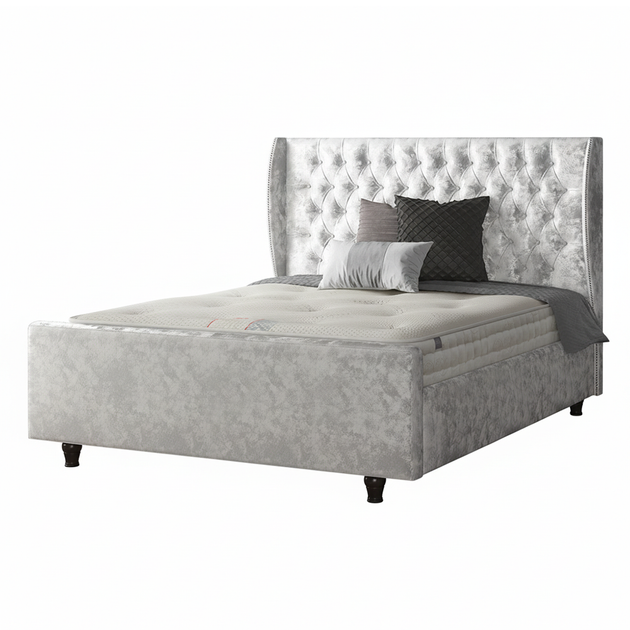 Aurora Chesterfield Wing Bed with Matching Buttons and Wooden Feet in Crushed Velvet Fabric