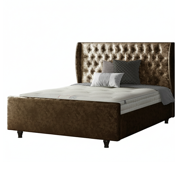 Aurora Chesterfield Wing Bed with Matching Buttons and Wooden Feet in Crushed Velvet Fabric