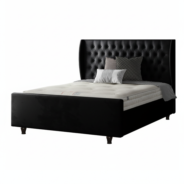 Aurora Chesterfield Wing Bed with Matching Buttons and Wooden Feet in Plush Velvet Fabric