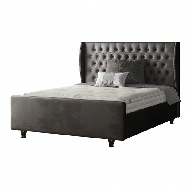 Aurora Chesterfield Wing Bed with Matching Buttons and Wooden Feet in Plush Velvet Fabric