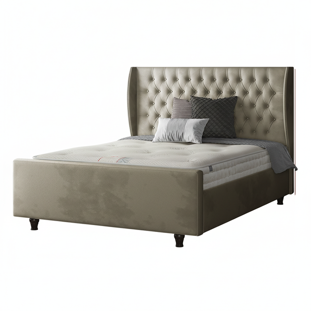 Aurora Chesterfield Wing Bed with Matching Buttons and Wooden Feet in Plush Velvet Fabric