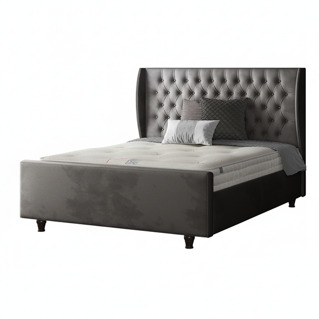 Aurora Chesterfield Wing Bed with Matching Buttons and Wooden Feet in Plush Velvet Fabric