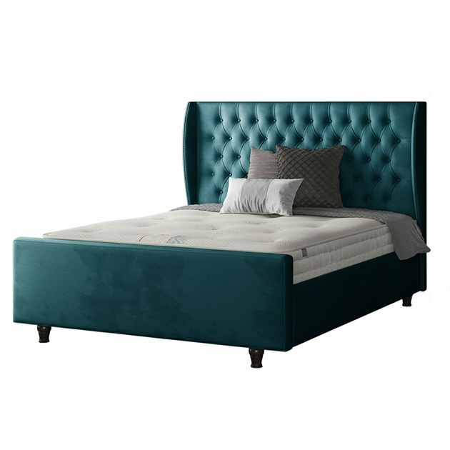 Aurora Chesterfield Wing Bed with Matching Buttons and Wooden Feet in Plush Velvet Fabric