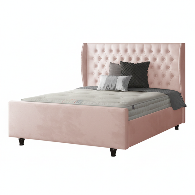 Aurora Chesterfield Wing Bed with Matching Buttons and Wooden Feet in Plush Velvet Fabric