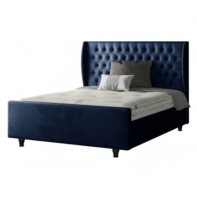 Aurora Chesterfield Wing Bed with Matching Buttons and Wooden Feet in Plush Velvet Fabric