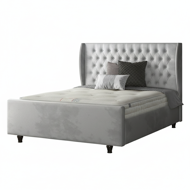 Aurora Chesterfield Wing Bed with Matching Buttons and Wooden Feet in Plush Velvet Fabric