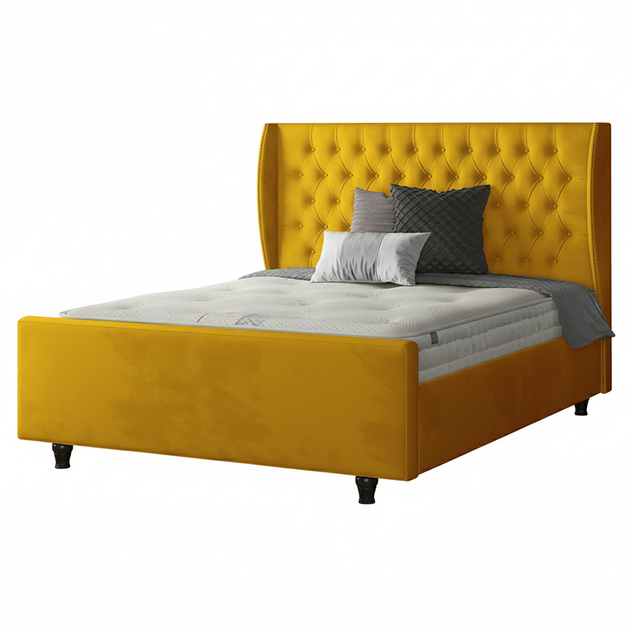 Aurora Chesterfield Wing Bed with Matching Buttons and Wooden Feet in Plush Velvet Fabric