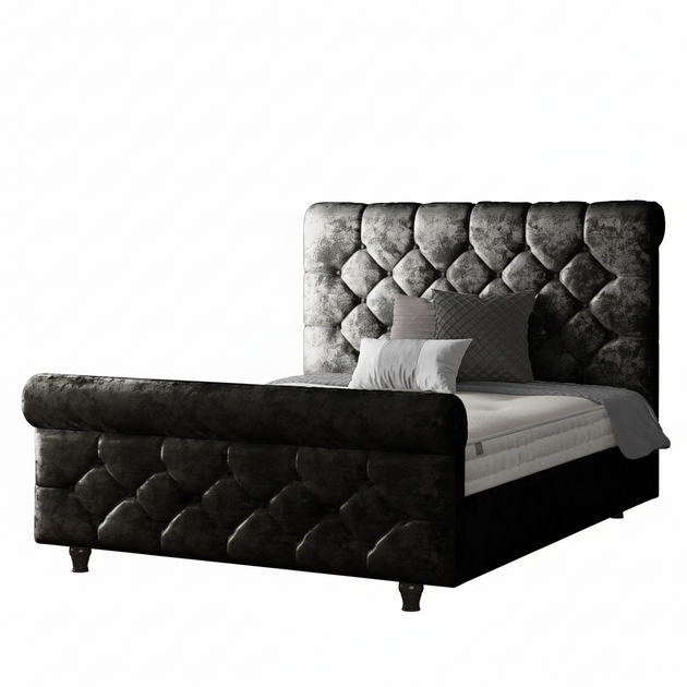 Jasmine Sleigh Bed Frame with Matching Buttons in Crushed Velvet Fabric