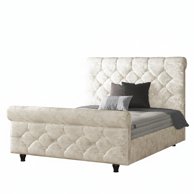 Jasmine Sleigh Bed Frame with Matching Buttons in Crushed Velvet Fabric