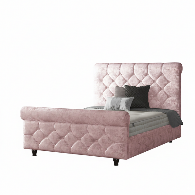 Jasmine Sleigh Bed Frame with Matching Buttons in Crushed Velvet Fabric