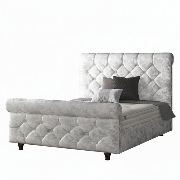 Jasmine Sleigh Bed Frame with Matching Buttons in Crushed Velvet Fabric