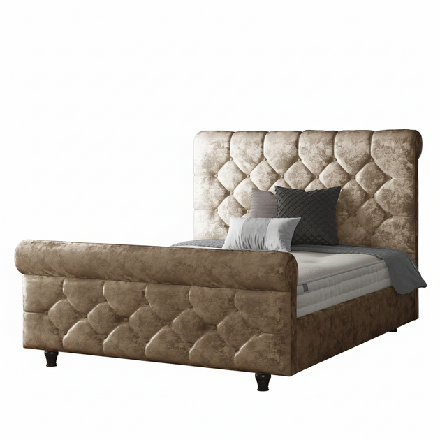 Jasmine Sleigh Bed Frame with Matching Buttons in Crushed Velvet Fabric