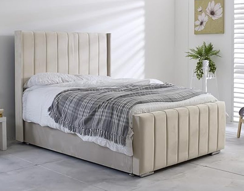 Nala Wing Bed with Ottoman Storage including Double Deluxe 1000 Pocket Mattress in Light Cream Fabric same as Image