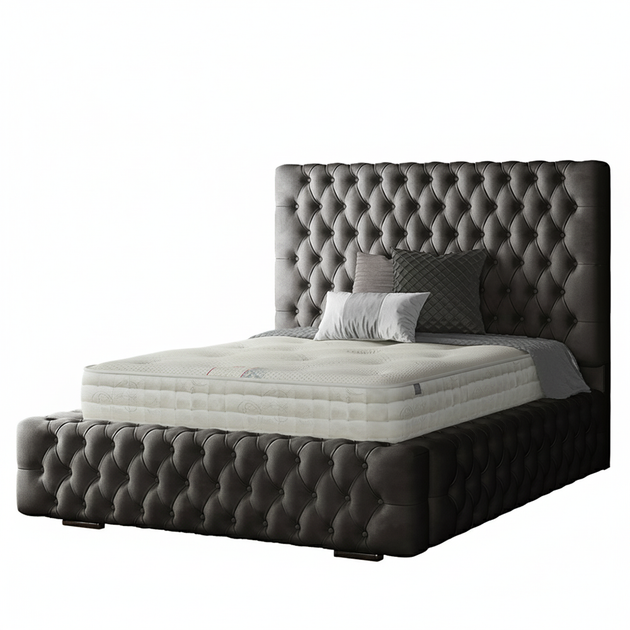 Royal Cushioned Chesterfield Bed Matching Buttons and Metal Feet in Plush Velvet
