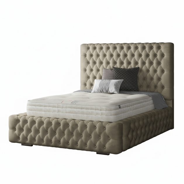 Royal Cushioned Chesterfield Bed Matching Buttons and Metal Feet in Plush Velvet