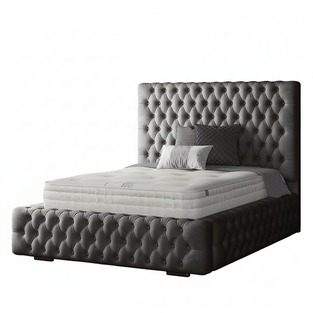 Royal Cushioned Chesterfield Bed Matching Buttons and Metal Feet in Plush Velvet