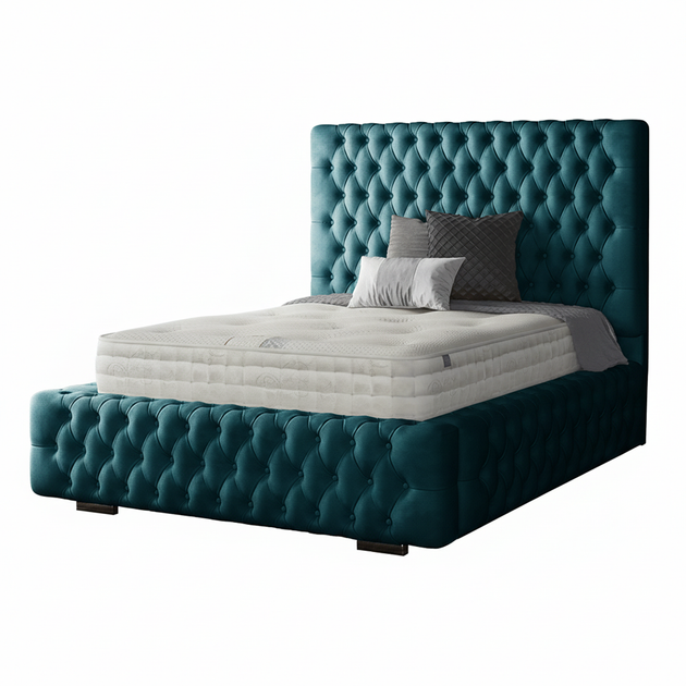 Royal Cushioned Chesterfield Bed Matching Buttons and Metal Feet in Plush Velvet