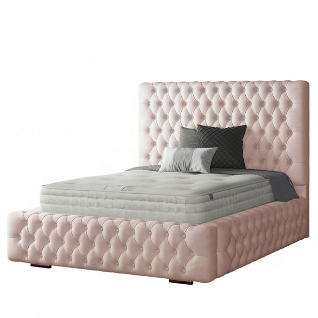 Royal Cushioned Chesterfield Bed Matching Buttons and Metal Feet in Plush Velvet