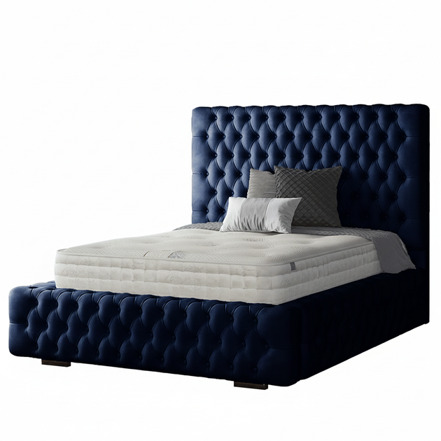 Royal Cushioned Chesterfield Bed Matching Buttons and Metal Feet in Plush Velvet