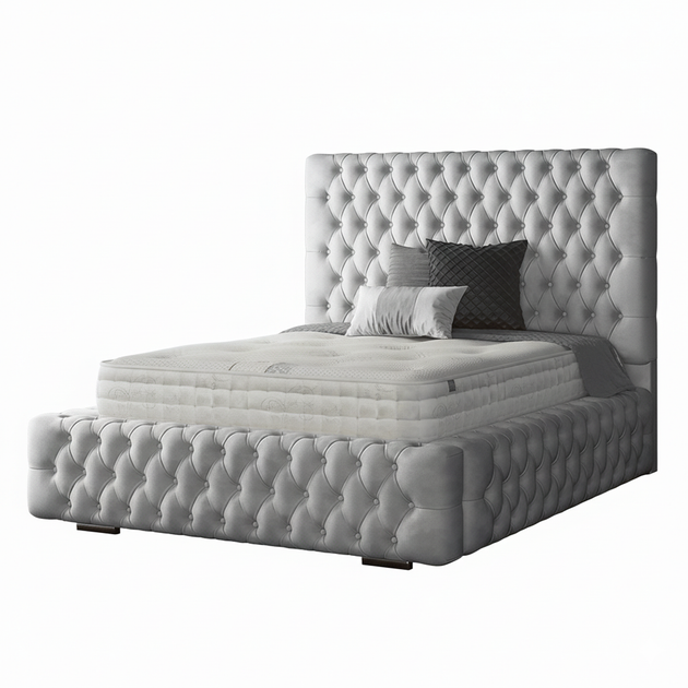 Royal Cushioned Chesterfield Bed Matching Buttons and Metal Feet in Plush Velvet