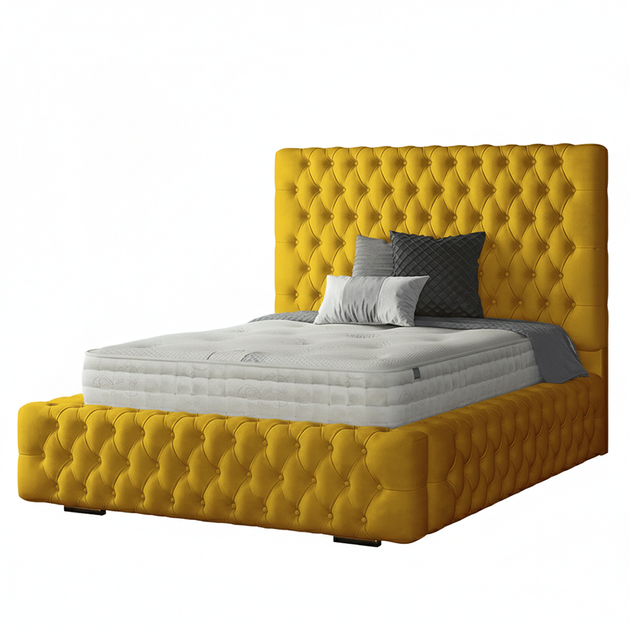 Royal Cushioned Chesterfield Bed Matching Buttons and Metal Feet in Plush Velvet