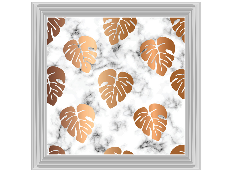 Seamless pattern design with golden monstera leaves, black and white marbling surface