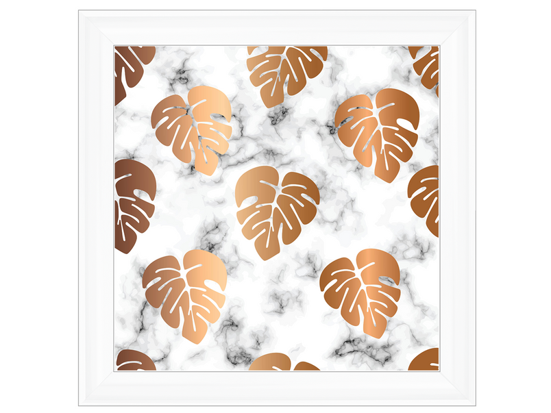 Seamless pattern design with golden monstera leaves, black and white marbling surface