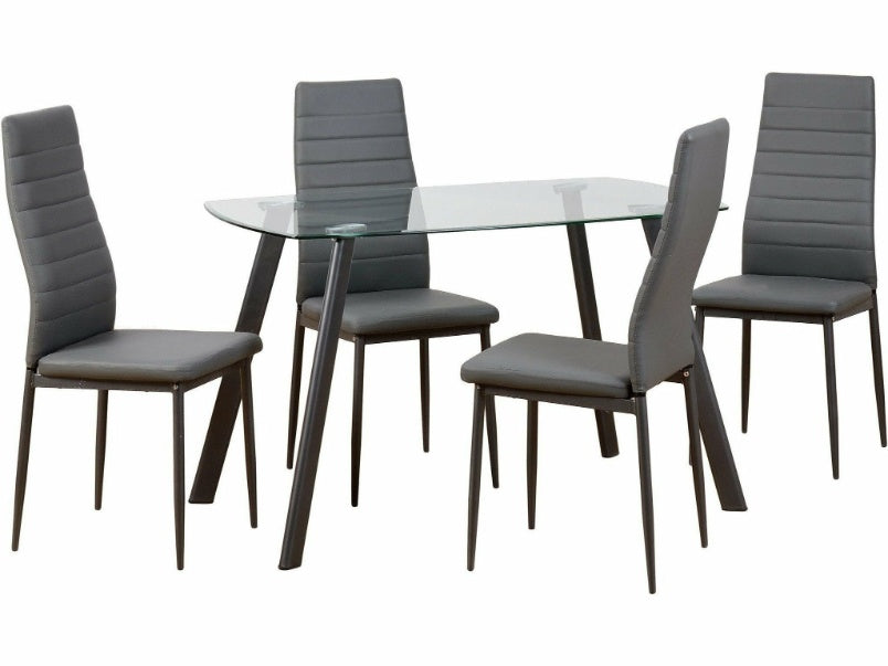 Abbey Dining Set Grey Clear Glass with Grey Faux Leather Chairs