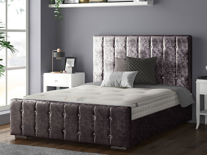 Anastasia Striped Bed Frame With Diamonds in Crushed Velvet Amethyst