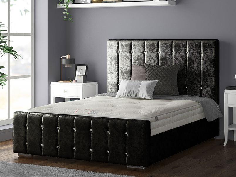 Anastasia Striped Bed Frame With Diamonds in Crushed Velvet Black