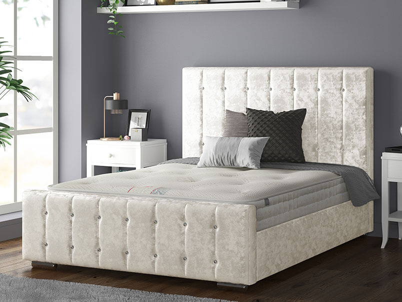 Anastasia Striped Bed Frame With Diamonds in Crushed Velvet Silver