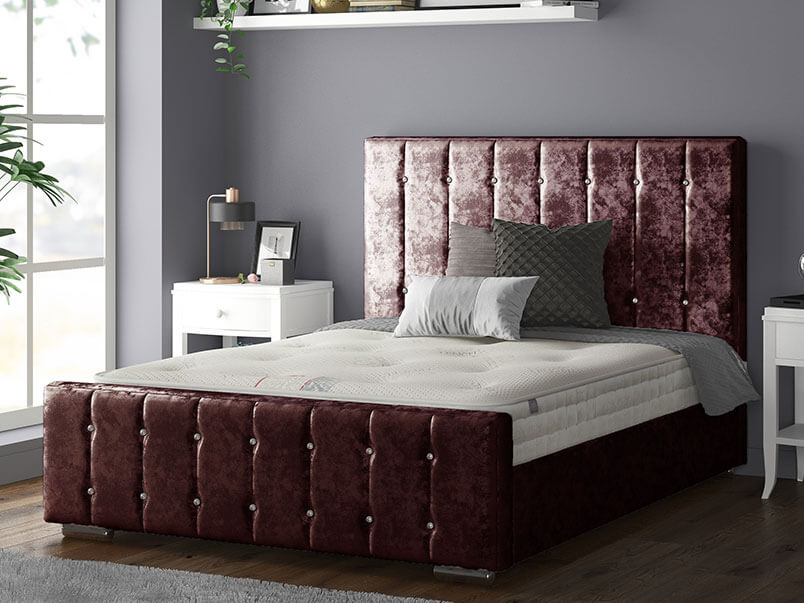 Anastasia Striped Bed Frame With Diamonds in Crushed Velvet Denium