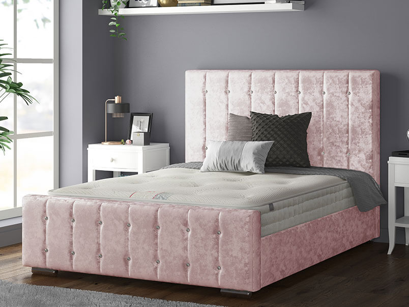 Anastasia Striped Bed Frame With Diamonds in Crushed Velvet Pink