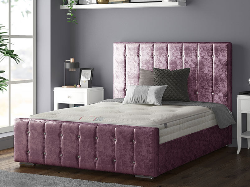 Anastasia Striped Bed Frame With Diamonds in Crushed Velvet Fuchia Pink