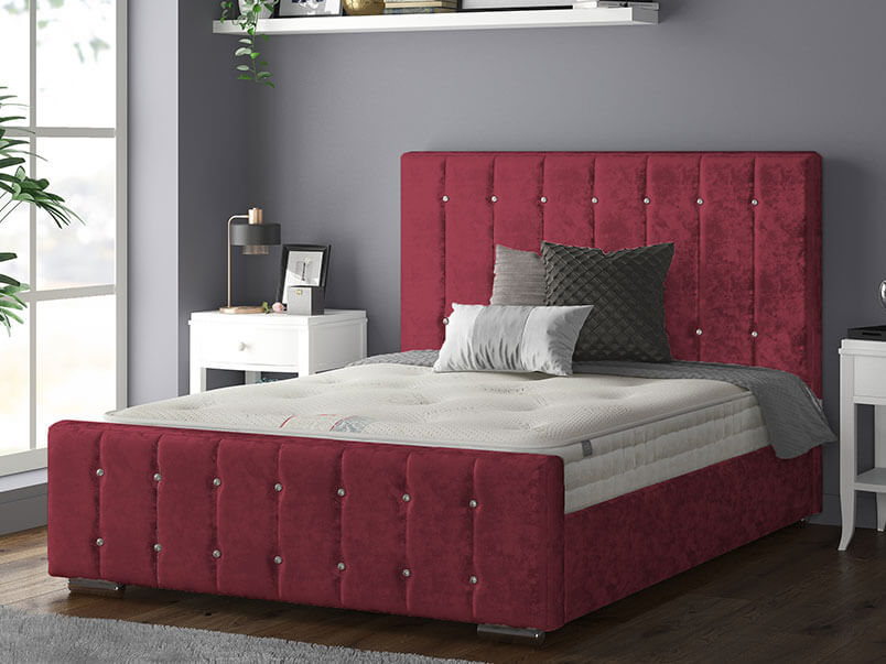 Anastasia Striped Bed Frame With Diamonds in Crushed Velvet Red