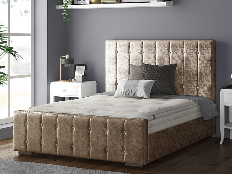 Anastasia Striped Bed Frame With Diamonds in Crushed Velvet Cream