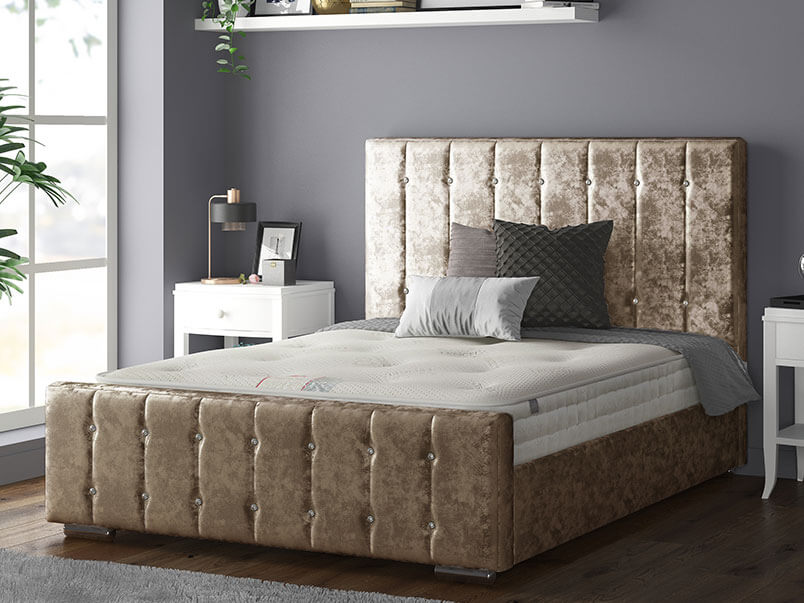 Anastasia Striped Bed Frame With Diamonds in Crushed Velvet Truffle