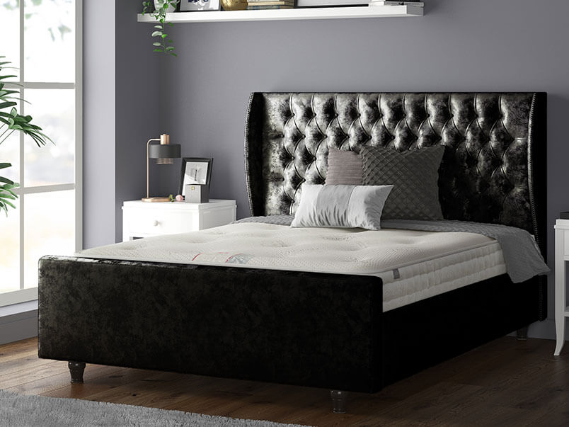 Aurora Chesterfield Wing Bed with Matching Buttons and Wooden Feet in Crushed Velvet Black