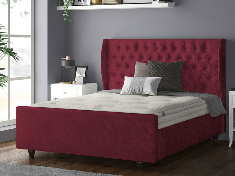 Aurora Chesterfield Wing Bed with Matching Buttons and Wooden Feet in Crushed Velvet Fuchia Pink