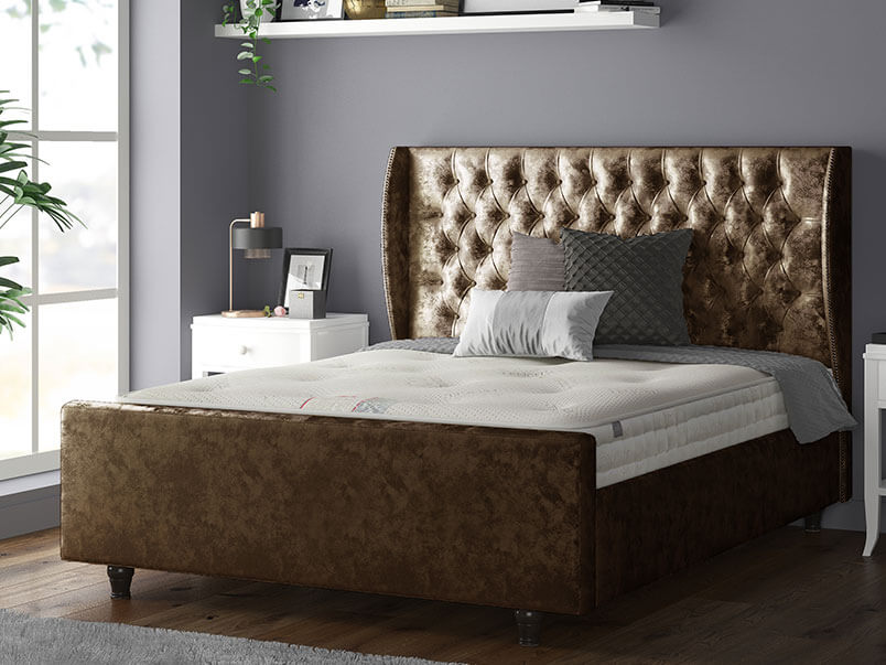 Aurora Chesterfield Wing Bed with Matching Buttons and Wooden Feet in Crushed Velvet Truffle