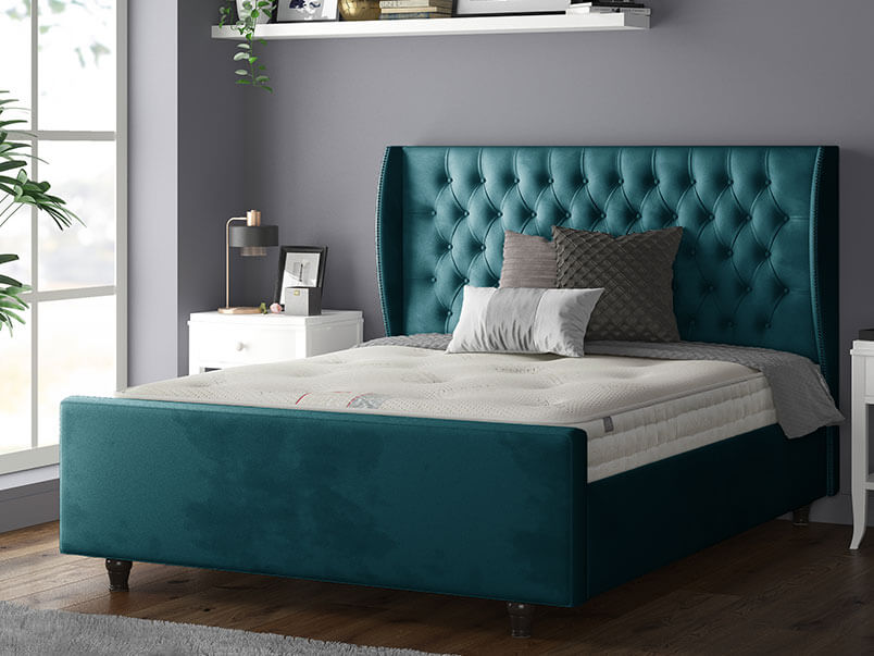 Aurora Chesterfield Wing Bed with Matching Buttons and Wooden Feet in Plush Velvet Charcoal