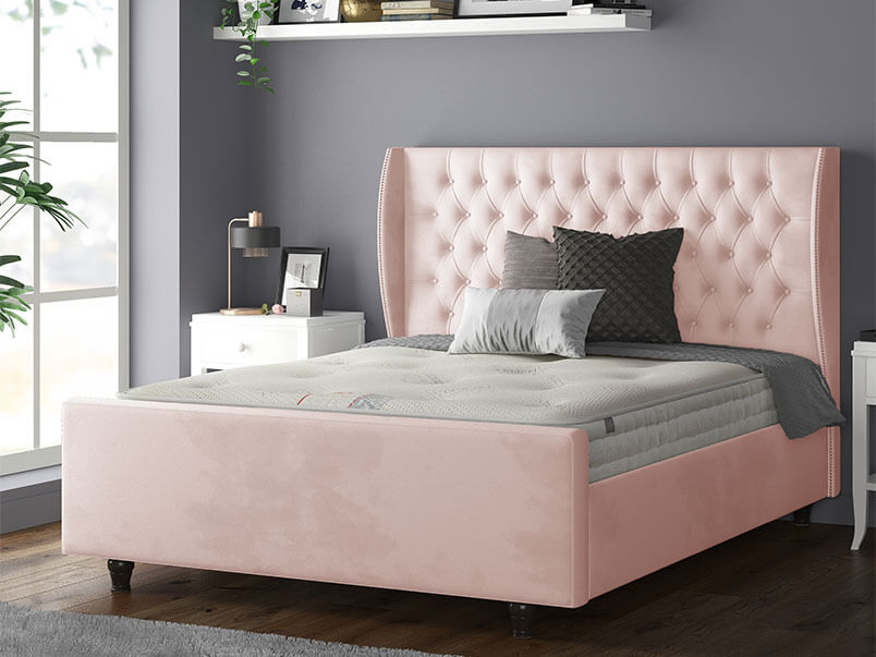 Aurora Chesterfield Wing Bed with Matching Buttons and Wooden Feet in Plush Velvet Charcoal