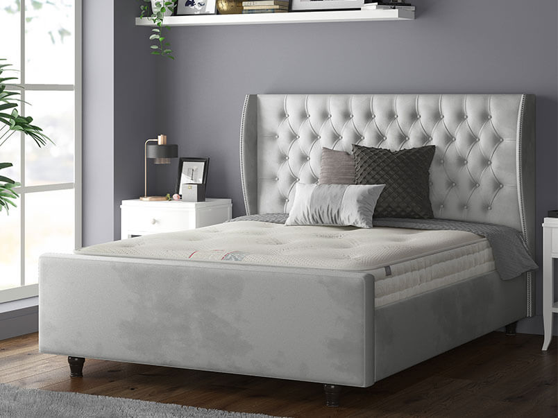 Aurora Chesterfield Wing Bed with Matching Buttons and Wooden Feet in Plush Velvet Charcoal